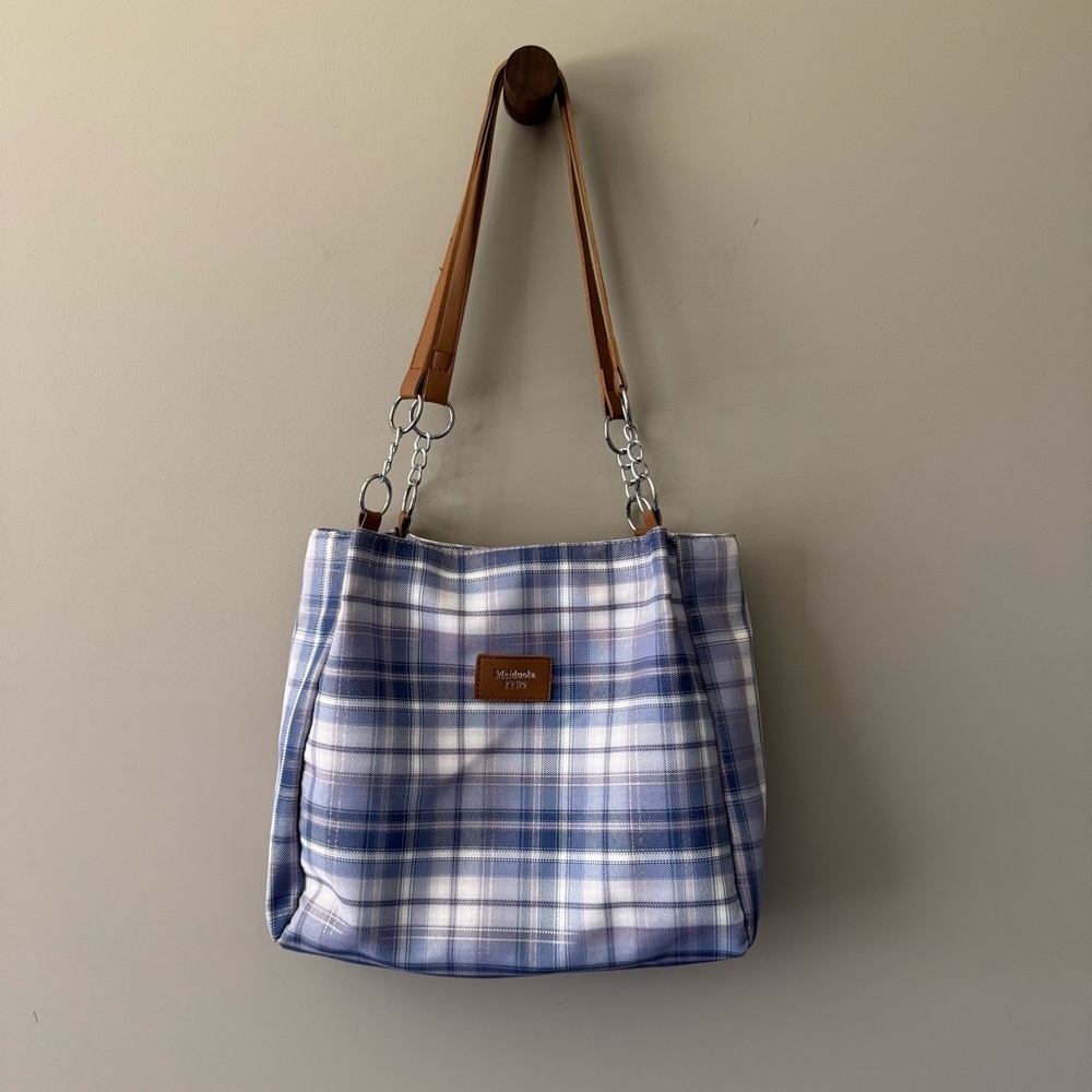 MEIDUOLA YYDS SHOULDER BAG BLUE PLAID WITH METALLIC THREADS